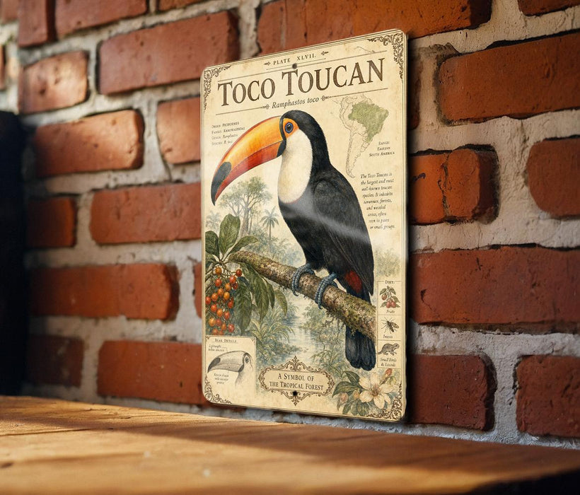 A vintage-style poster of a toucan is displayed on a brick wall, featuring a detailed illustration of the bird perched on a branch with various tropical plants and fruits.