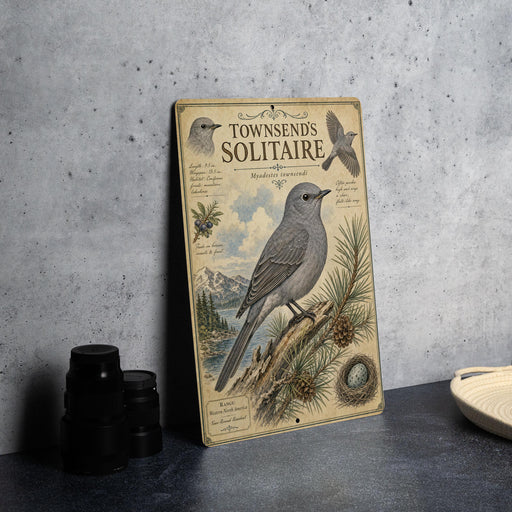 a vintage-style metal sign with illustrations of birds and pine trees, placed on a countertop next to some black camera lenses.