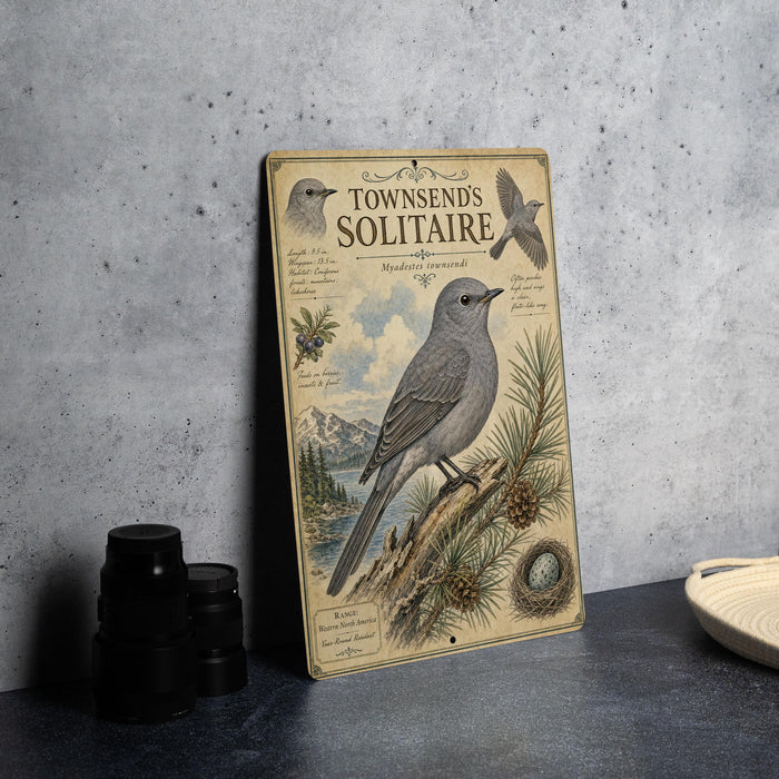 a vintage-style metal sign with illustrations of birds and pine trees, placed on a countertop next to some black camera lenses.