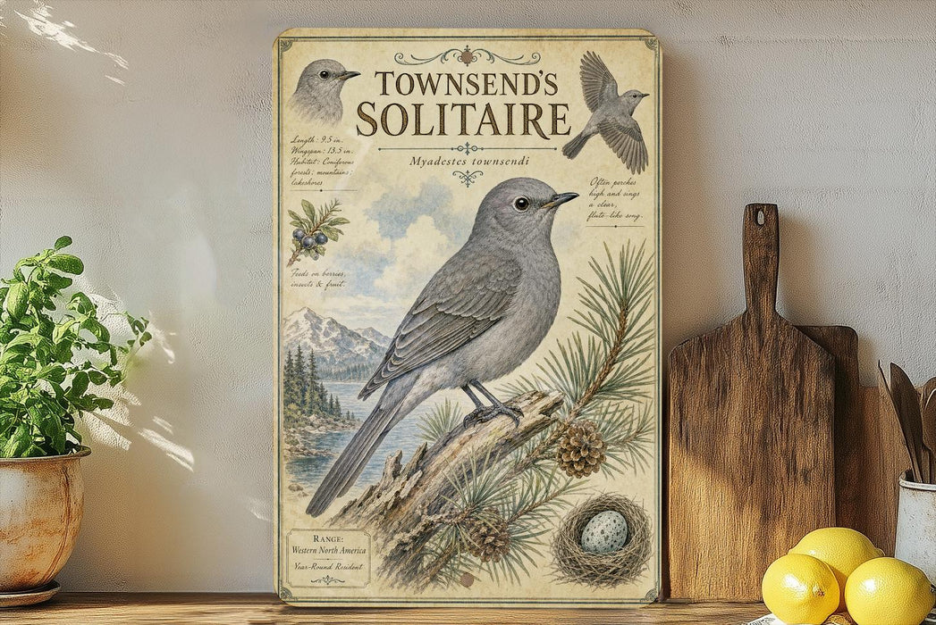 a vintage-style poster of a bird, specifically a bluebird, perched on a branch with pine cones and a nest, set against a backdrop of mountains and a lake.