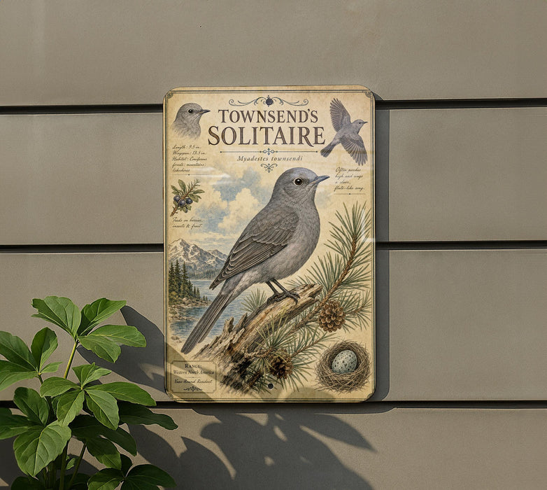 a vintage-style sign with illustrations of birds, including a gray bird perched on a pine tree branch, against a backdrop of mountains and a cloudy sky.