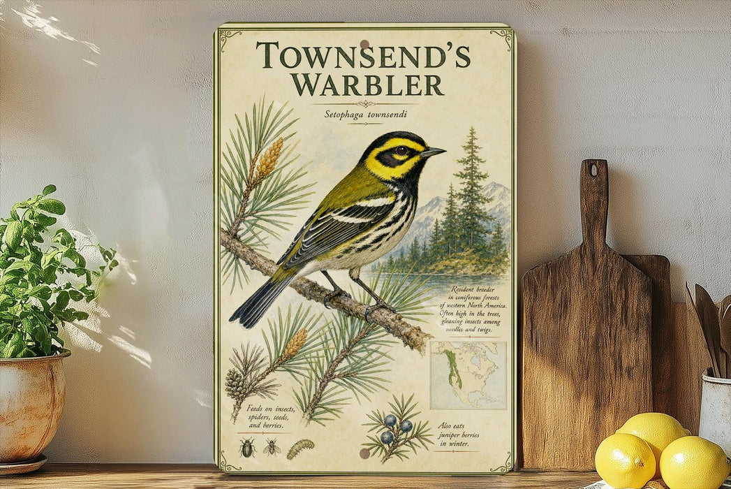 A vintage-style illustration of a yellow-headed bird, likely a warbler, perched on a branch with pine needles, accompanied by text and a map. The image is displayed on a wall, with a wooden cutting board and a potted plant visible in the foreground.