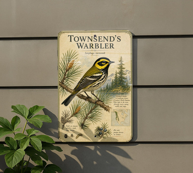 A metal sign with a bird illustration and text, mounted on a wall next to a plant.