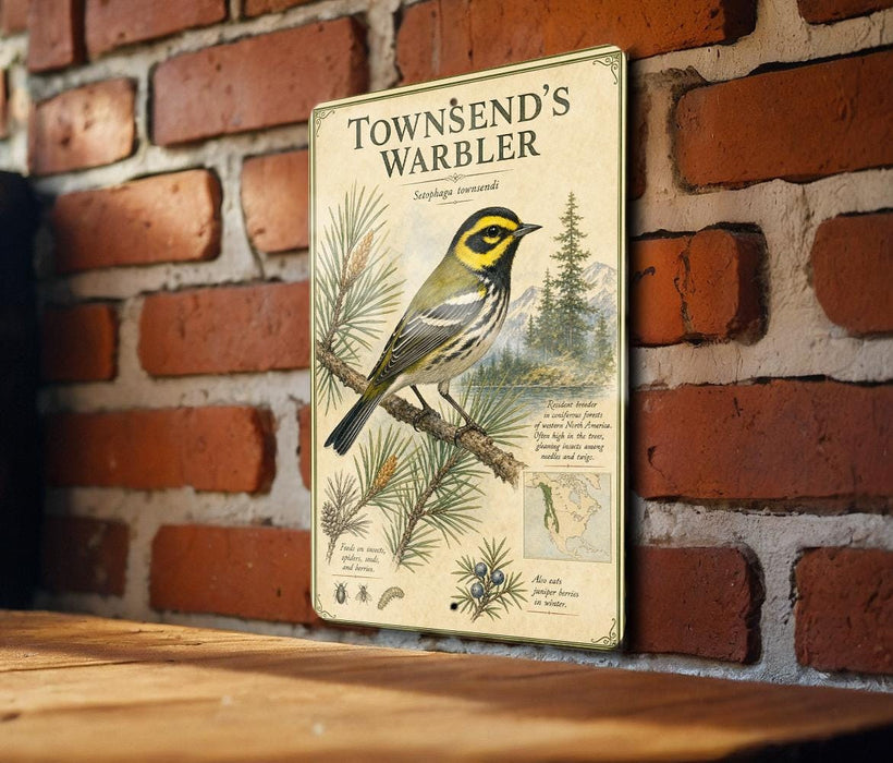 A vintage-style metal sign with illustrations and text, mounted on a brick wall.