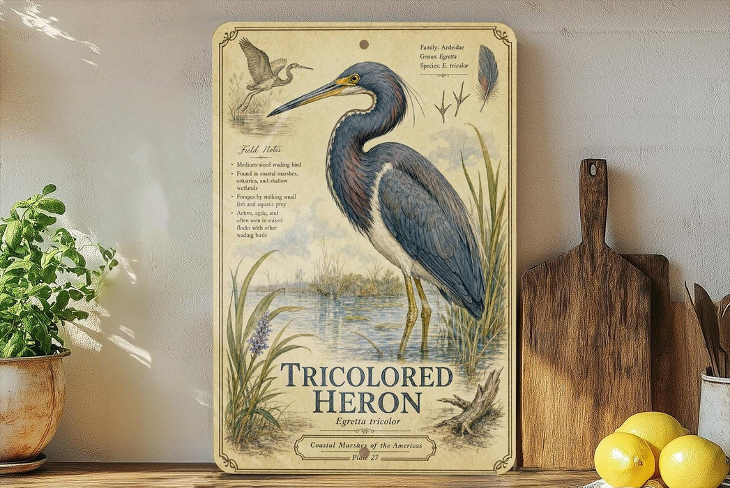 A framed illustration of a blue heron, labeled as a "Tricolored Heron" and featuring detailed illustrations of the bird and its natural habitat.