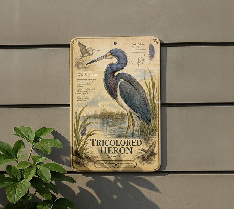 a sign with a detailed illustration of a blue heron, surrounded by plants and a wooden structure.