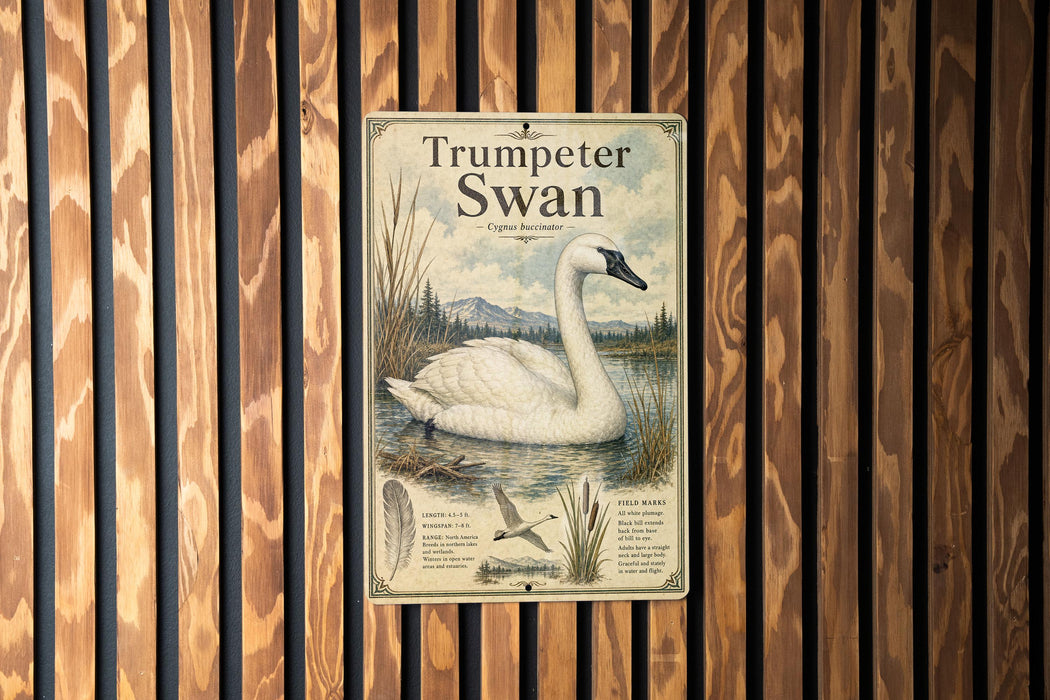 A vintage-style metal sign with an illustration of a white swan in a pond, mounted on a wooden wall.