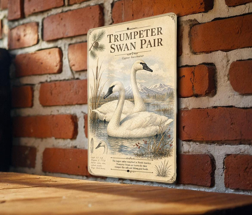 A vintage-style metal sign featuring illustrations of two swans swimming in a pond, mounted on a brick wall.