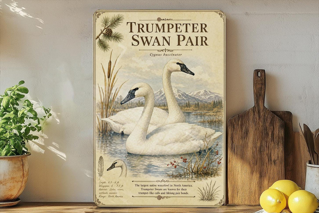 a vintage-style poster of two swans swimming in a pond, surrounded by a natural landscape.