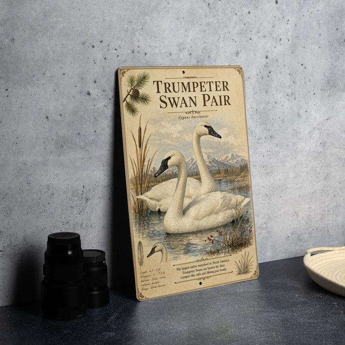 A vintage-style metal sign featuring illustrations of two swans swimming in a pond, with text describing the species as "TRUMPETER SWAN PAIR" and "CYGUS SWAN BUCINATOR".