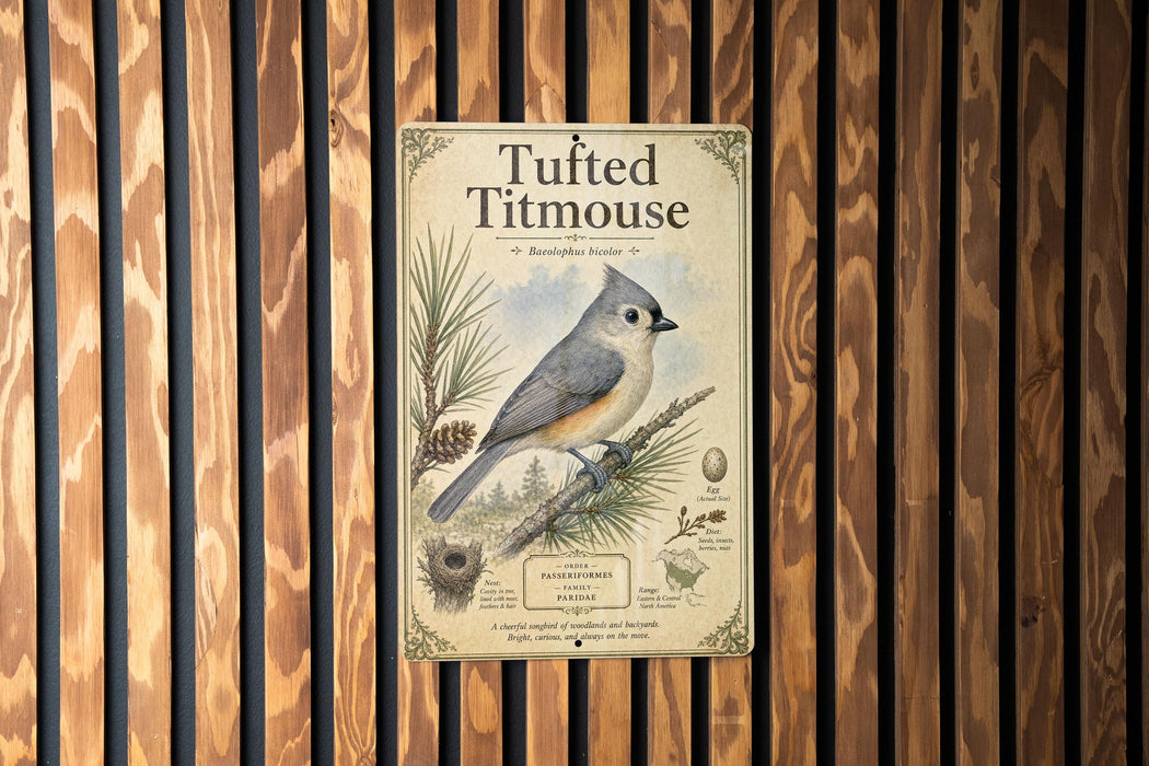 a vintage-style metal sign with a bird illustration, mounted on a wooden wall.