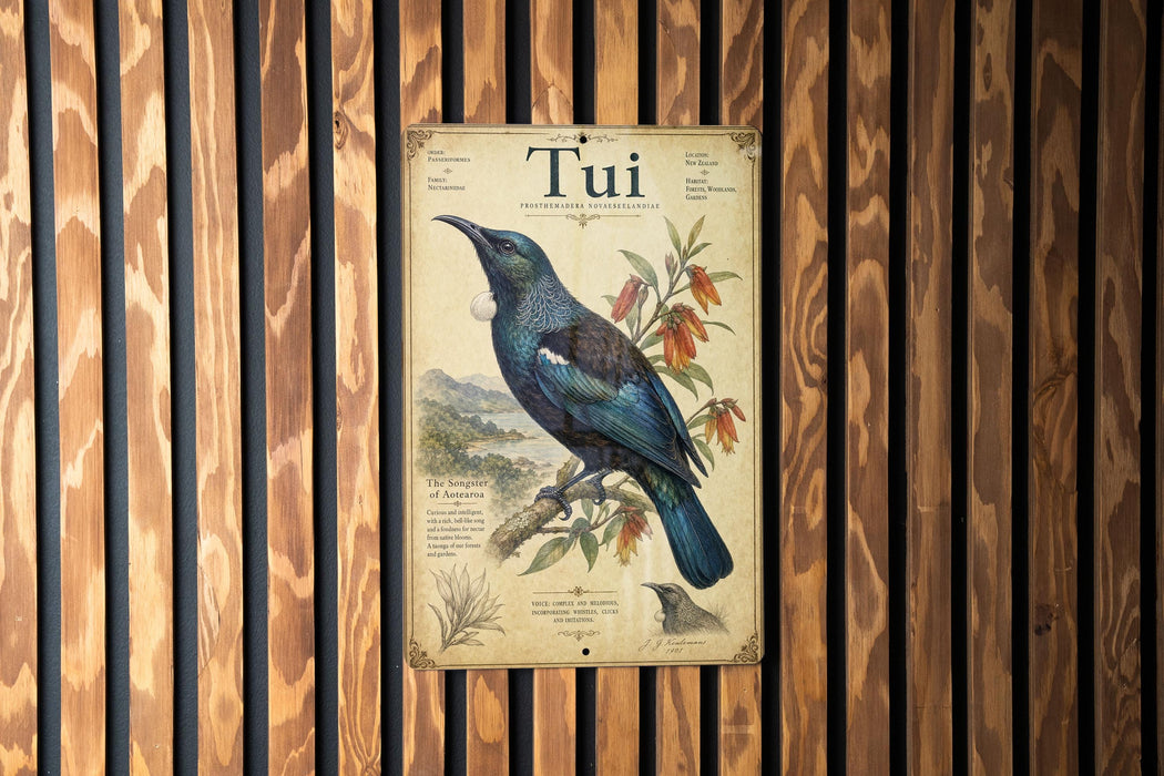 a poster of a blue and green bird, specifically a Tui, perched on a branch with flowers.