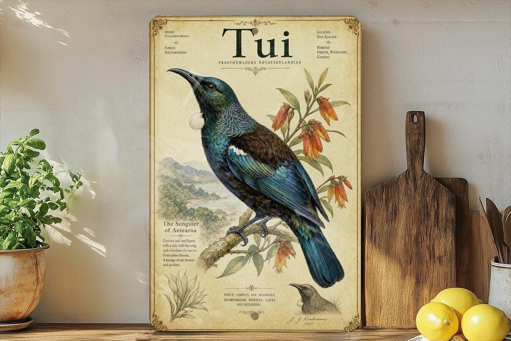 a vintage-style poster of a blue and green bird, likely a toucan, perched on a branch with flowers. The poster is displayed on a shelf next to a wooden cutting board and a potted plant.