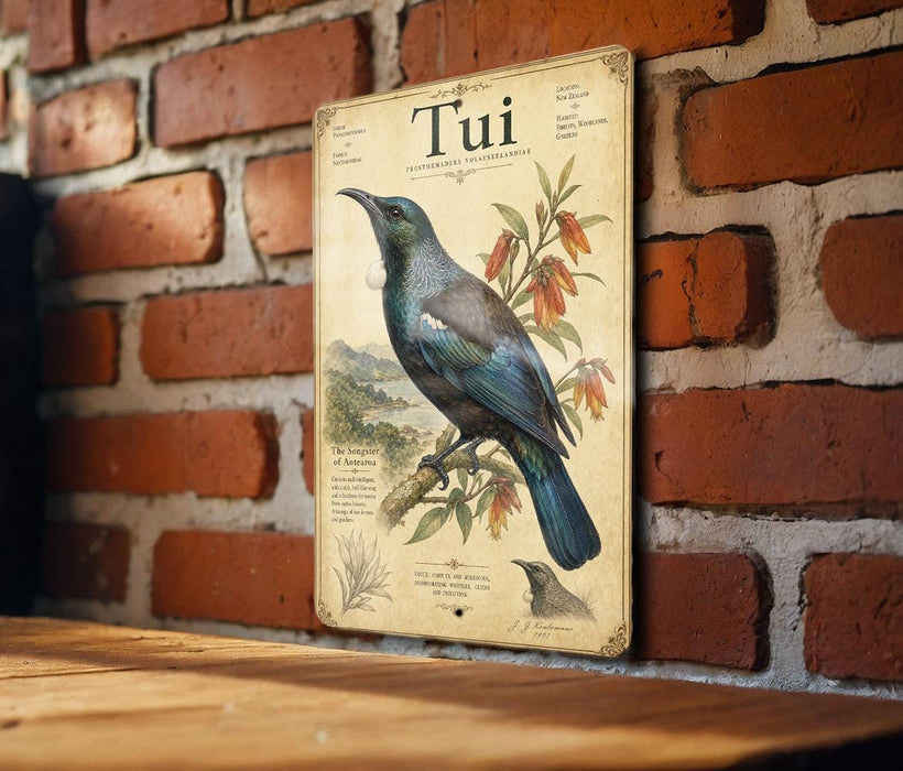 a vintage-style metal plaque with a detailed illustration of a blue and green bird perched on a branch, set against a brick wall.