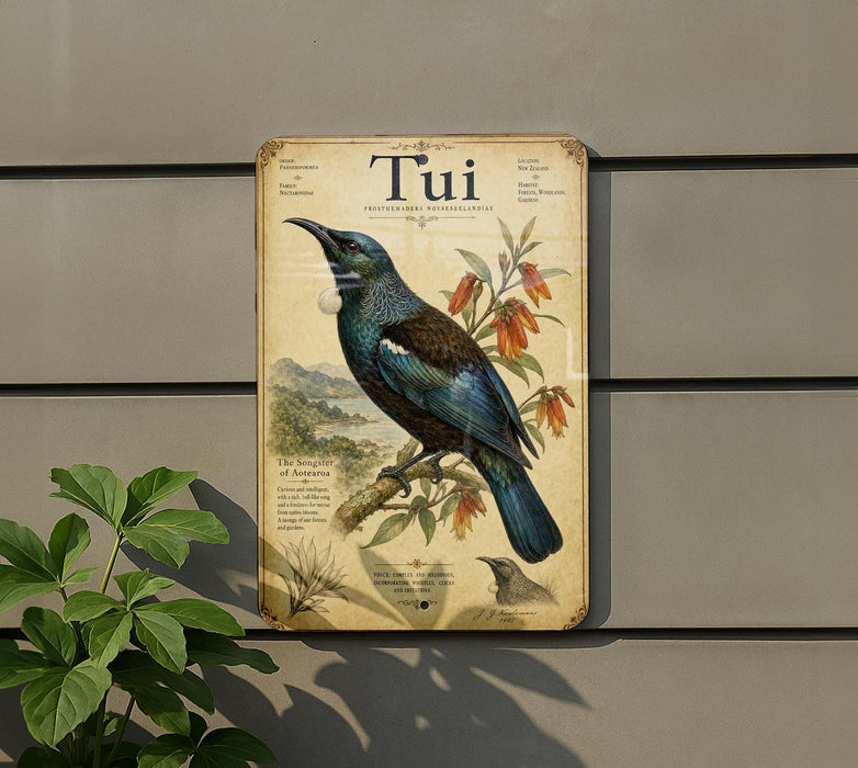a vintage-style metal sign with a detailed illustration of a blue and black bird perched on a branch, surrounded by flowers and foliage.