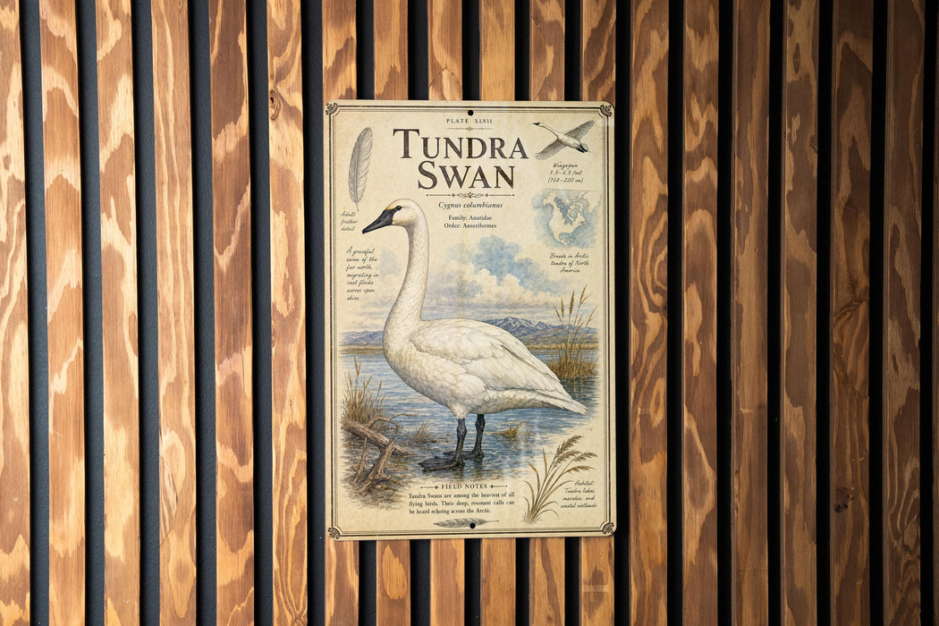 a poster of a white swan with a detailed illustration and text, mounted on a wooden wall.