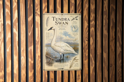 a poster of a white swan with a detailed illustration and text, mounted on a wooden wall.