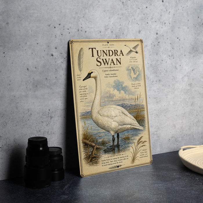 A metal poster or sign about the Tundra Swan, featuring an illustration of the bird and various text elements.