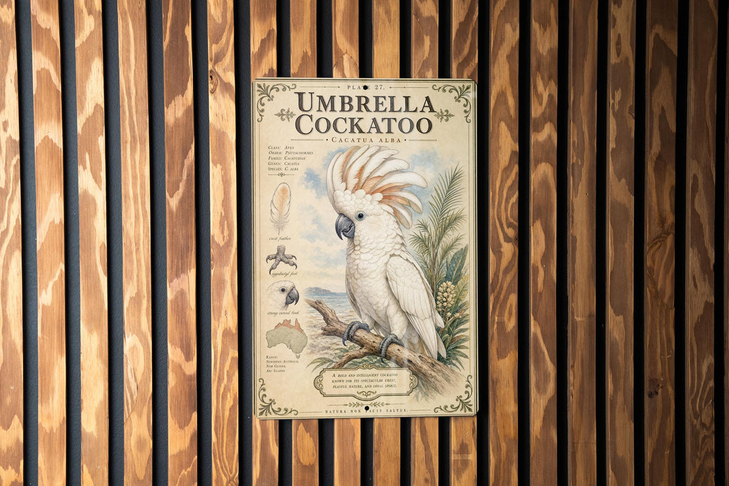 a poster of a white cockatoo perched on a branch, with a detailed illustration of the bird and its natural habitat.