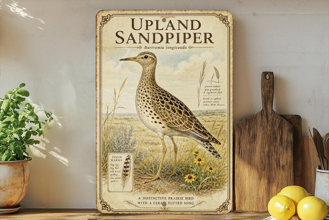 a vintage-style poster of an upland sandpiper, a bird with a distinctive appearance, standing in a field with flowers. The poster is displayed on a shelf next to a wooden cutting board and a potted plant.
