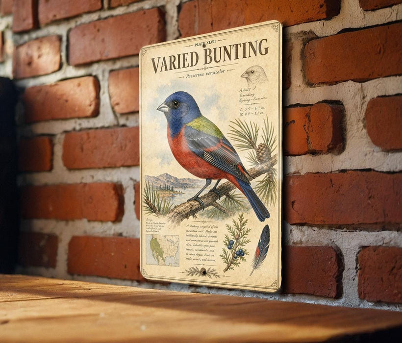 a vintage-style metal sign with a detailed illustration of a colorful bird, likely a species of bird, perched on a branch. The sign is mounted on a brick wall, and there is a wooden table below it.
