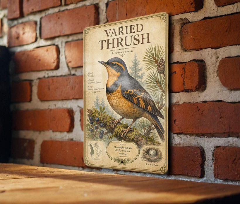 a vintage-style metal plaque with a detailed illustration of a bird perched on a branch, set against a brick wall.