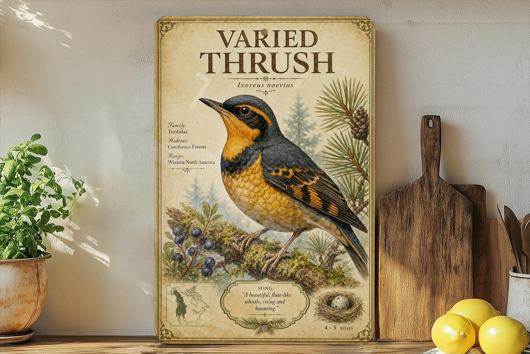 a vintage-style poster or painting of a bird, likely a thrush, perched on a branch with pine cones and berries. The poster is displayed on a shelf next to a wooden cutting board and some kitchen utensils, such as a knife and a spoon.