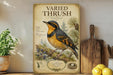 a vintage-style poster or painting of a bird, likely a thrush, perched on a branch with pine cones and berries. The poster is displayed on a shelf next to a wooden cutting board and some kitchen utensils, such as a knife and a spoon.