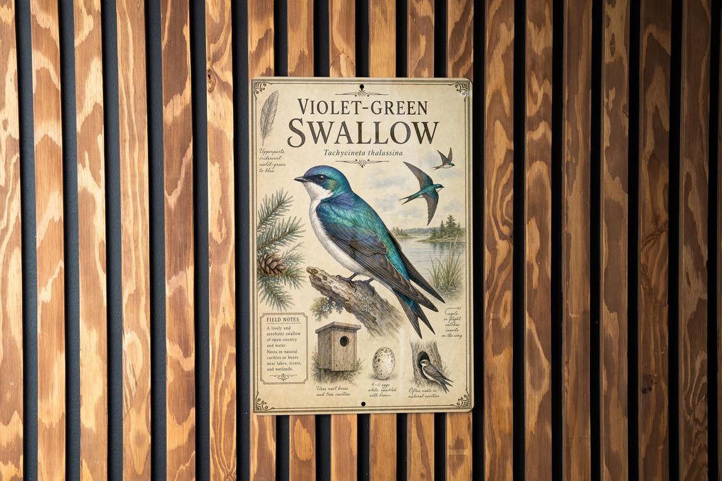 a vintage-style poster or sign with illustrations and text about the Violet-Green Swallow, a bird species.