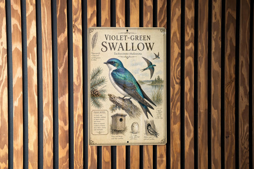 a vintage-style poster or sign with illustrations and text about the Violet-Green Swallow, a bird species.