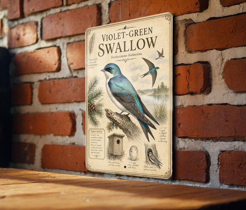 a vintage-style metal sign with illustrations and text, mounted on a brick wall.