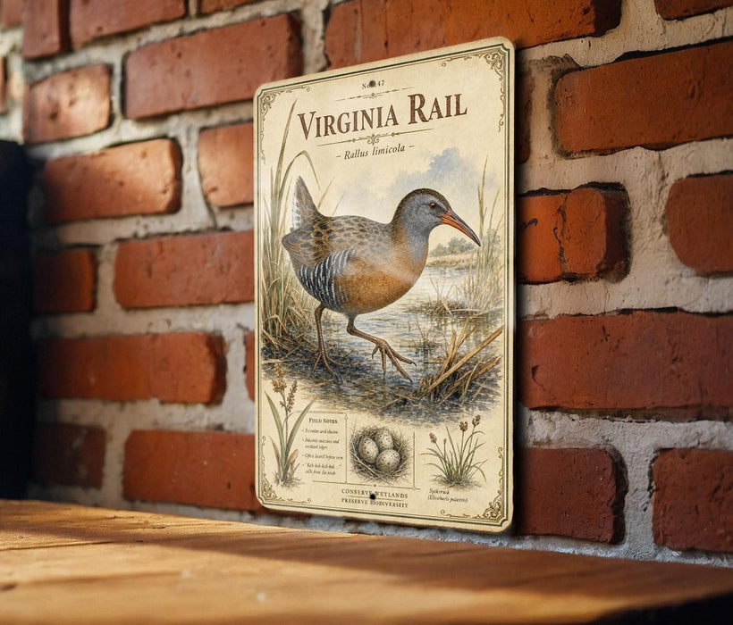 a vintage-style metal sign with a bird illustration, mounted on a brick wall.