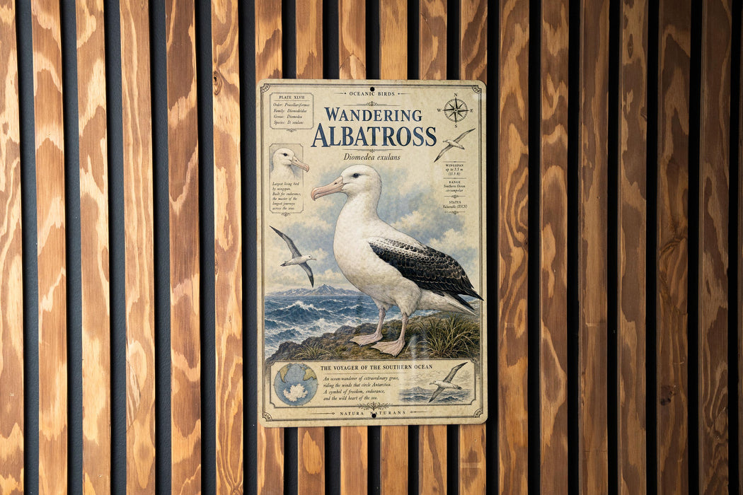 a poster of a wandering albatross, which is a large seabird that is known for its long flights and impressive wingspan. The poster is displayed on a wooden wall, and it appears to be a collage of multiple images. The poster includes a detailed illustration of the albatross, along with text that provides information about the species, such as its size, habitat, and behavior. The poster also includes a compass rose and a map, which are used to help locate the albatross in the vast ocean.