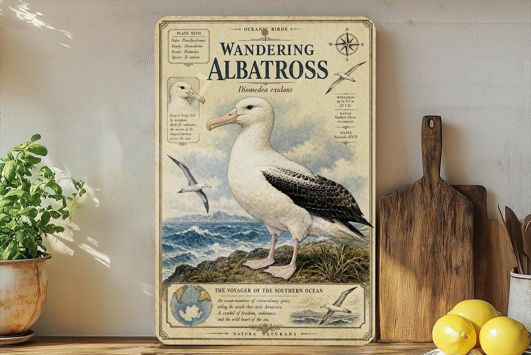 a vintage-style poster of a wandering albatross, a large seabird, standing on a rocky shoreline with a bird in flight in the background. The poster includes text and illustrations related to the albatross, such as its size, habitat, and behavior. The poster is displayed on a shelf next to a wooden cutting board and a potted plant, creating a coastal, nature-inspired setting.