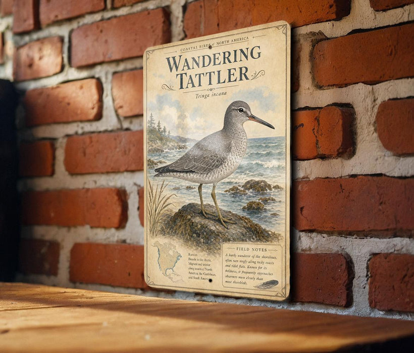 A vintage-style metal sign featuring an illustration of a wandering tatterler bird, mounted on a brick wall.