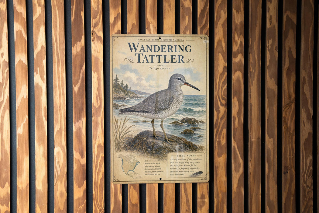 A vintage-style metal sign with a bird illustration and text, mounted on a wooden wall.