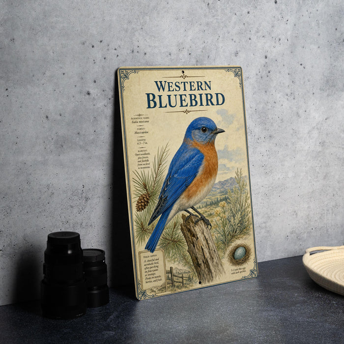 a framed illustration of a bluebird perched on a tree branch, with text and illustrations related to the Western Bluebird species.
