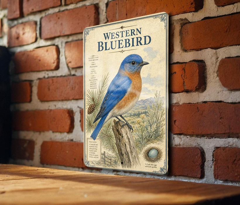 A vintage-style metal sign featuring an illustration of a bluebird perched on a tree branch, with a brick wall in the background.