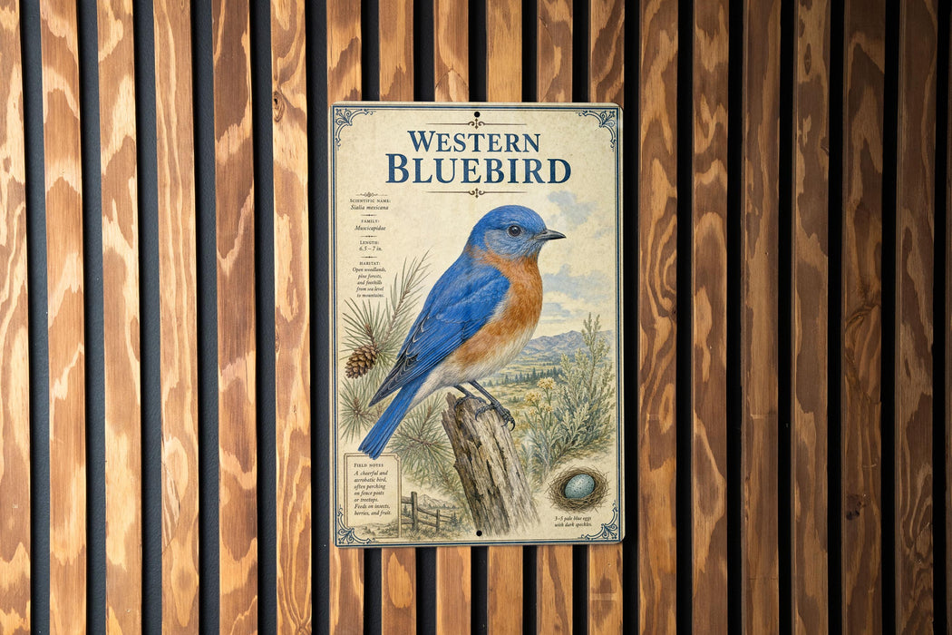 A metal sign with a blue bird illustration is mounted on a wooden wall.