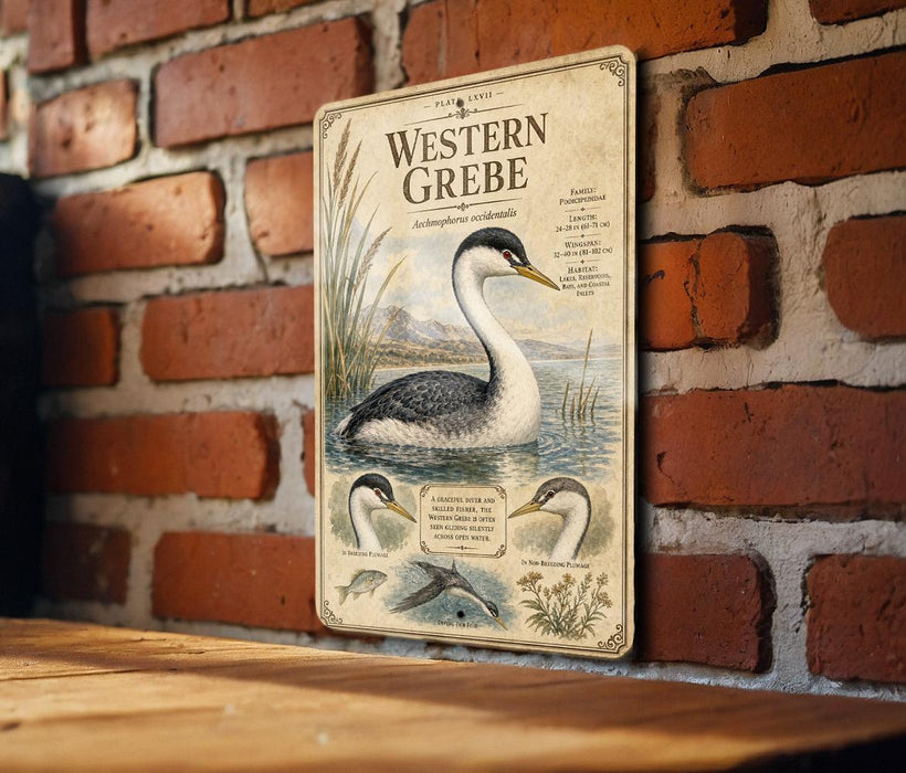 a vintage-style illustration of a Western Grebe, a type of water bird, on a brick wall.