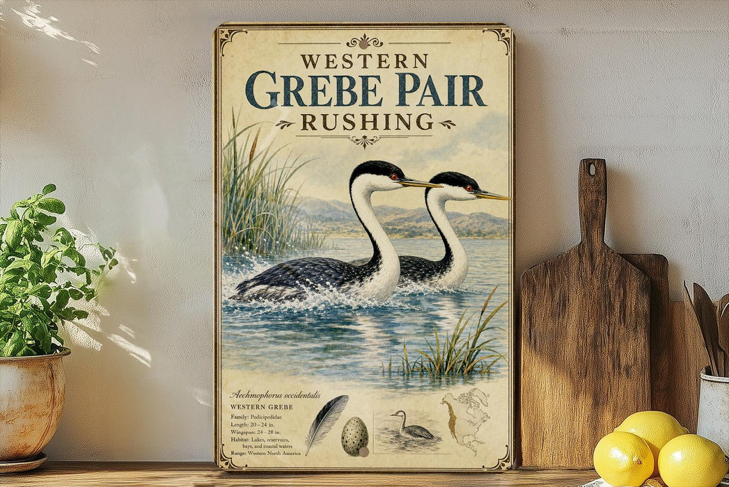 A vintage-style poster advertising the Western Grebe, a type of water bird, with illustrations of the bird in water and a wooden paddle on a shelf.