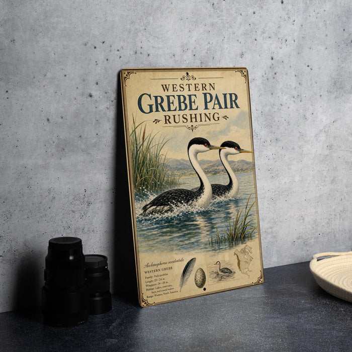 A vintage-style sign for Western Grebe pairs rushing, featuring illustrations of the birds in a natural setting.