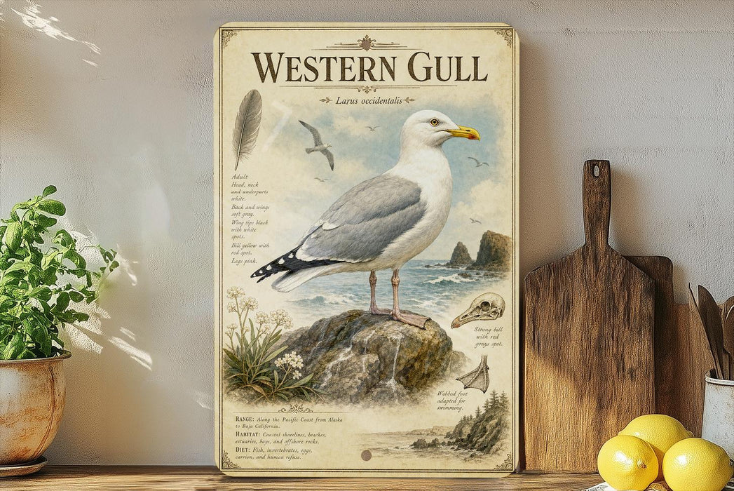 a poster of a seagull, with a detailed illustration of the bird and its natural habitat, including a coastal landscape.
