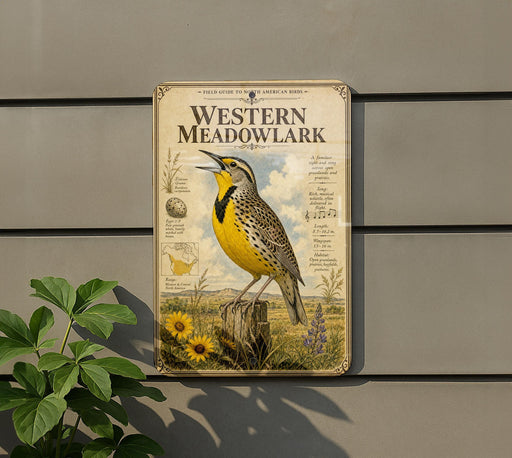 a vintage-style metal sign with illustrations and text, mounted on a wall next to a plant.