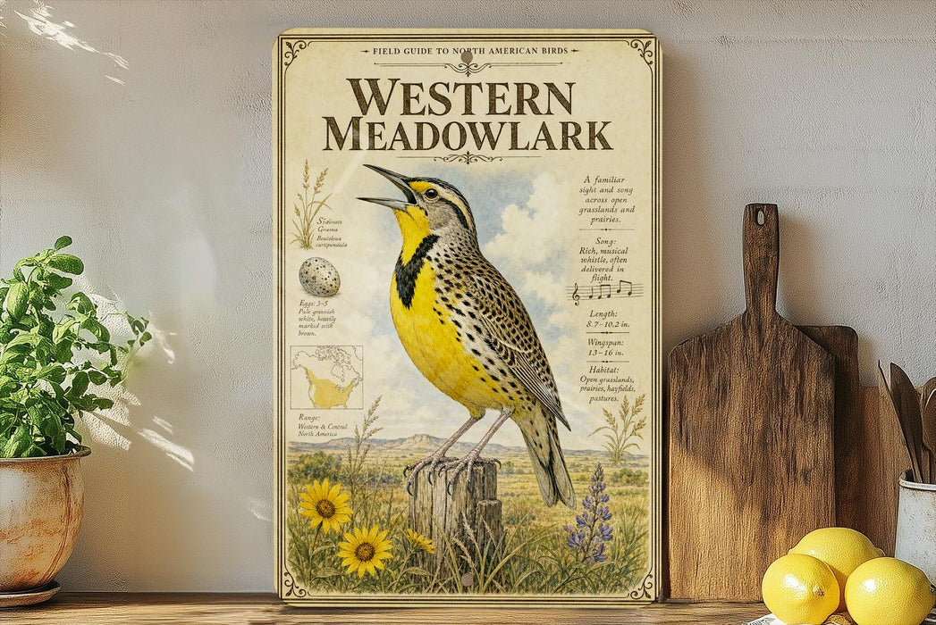 a poster of a Western Meadowlark bird on a shelf, surrounded by various kitchen utensils and a potted plant.