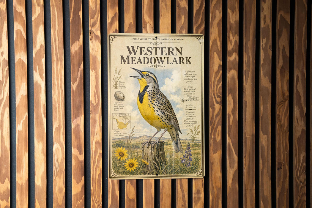 a vintage-style poster of a yellow bird with a black and white pattern, standing on a tree stump with flowers in the background, mounted on a wooden wall.