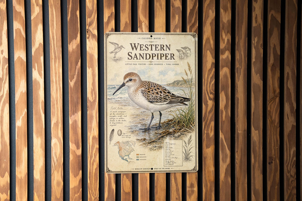 a poster of a Western Sandpiper bird, which is a type of sandpiper, standing on a beach.