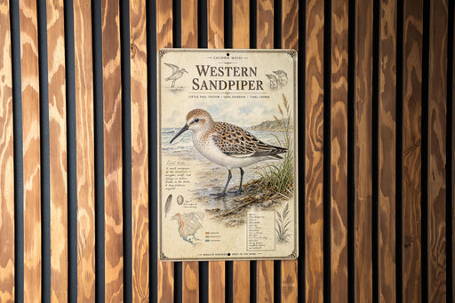 a poster of a Western Sandpiper bird, which is a type of sandpiper, standing on a beach.