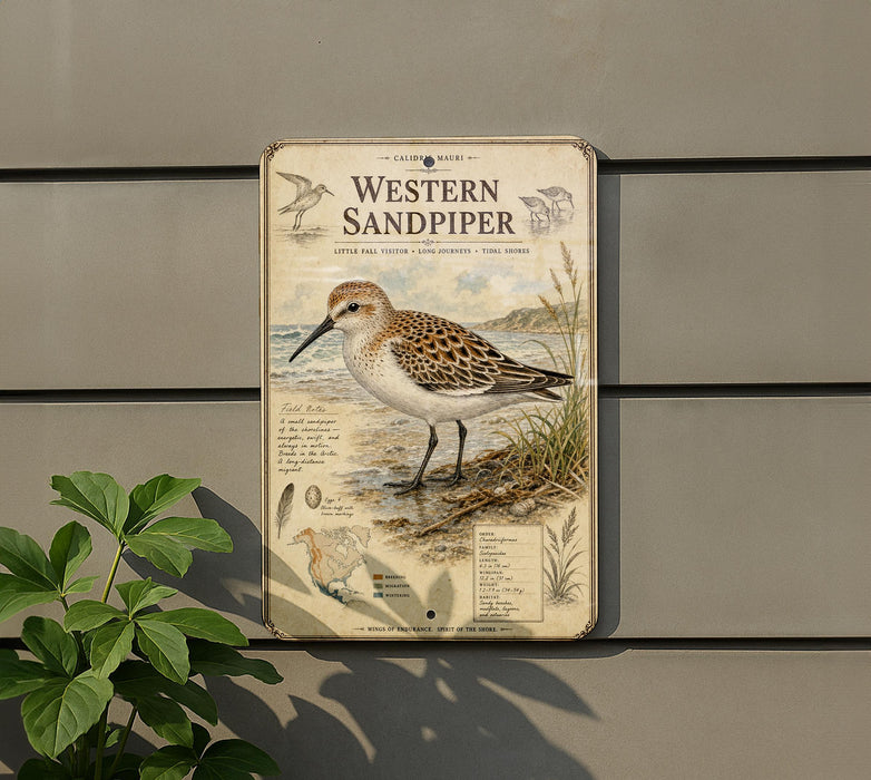 a sign for the Western Sandpiper, a bird species, mounted on a wall.