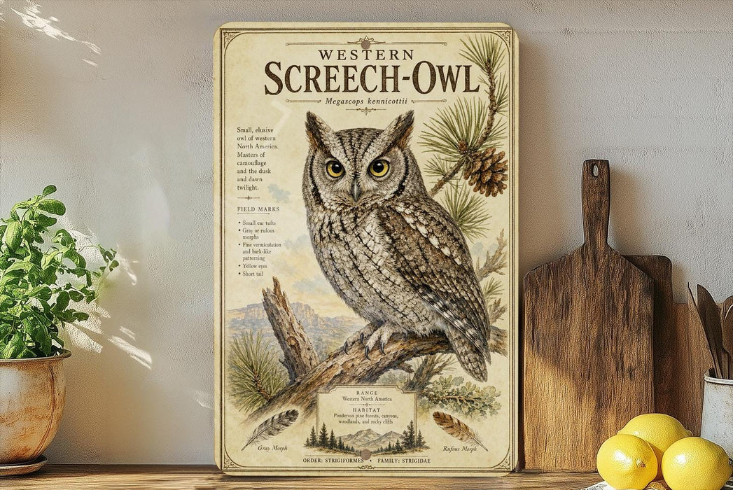 a vintage-style illustration of a Western Screech- Owl on a wooden surface, with a potted plant and a wooden cutting board in the background.